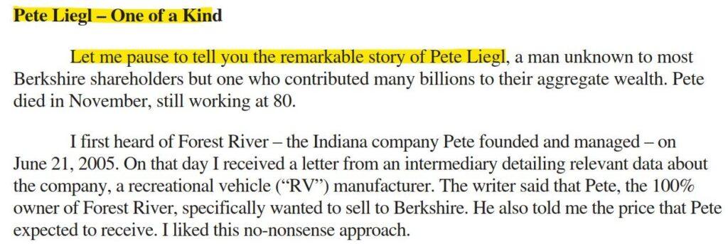 Ausschnitt aus dem Berkshire Hathaway Shareholder Letter 2024 zu Pete Liegl